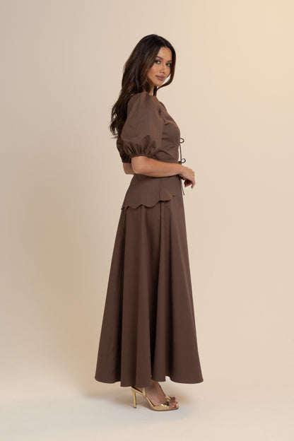 Andrea Scalloped Chocolate Maxi Dress