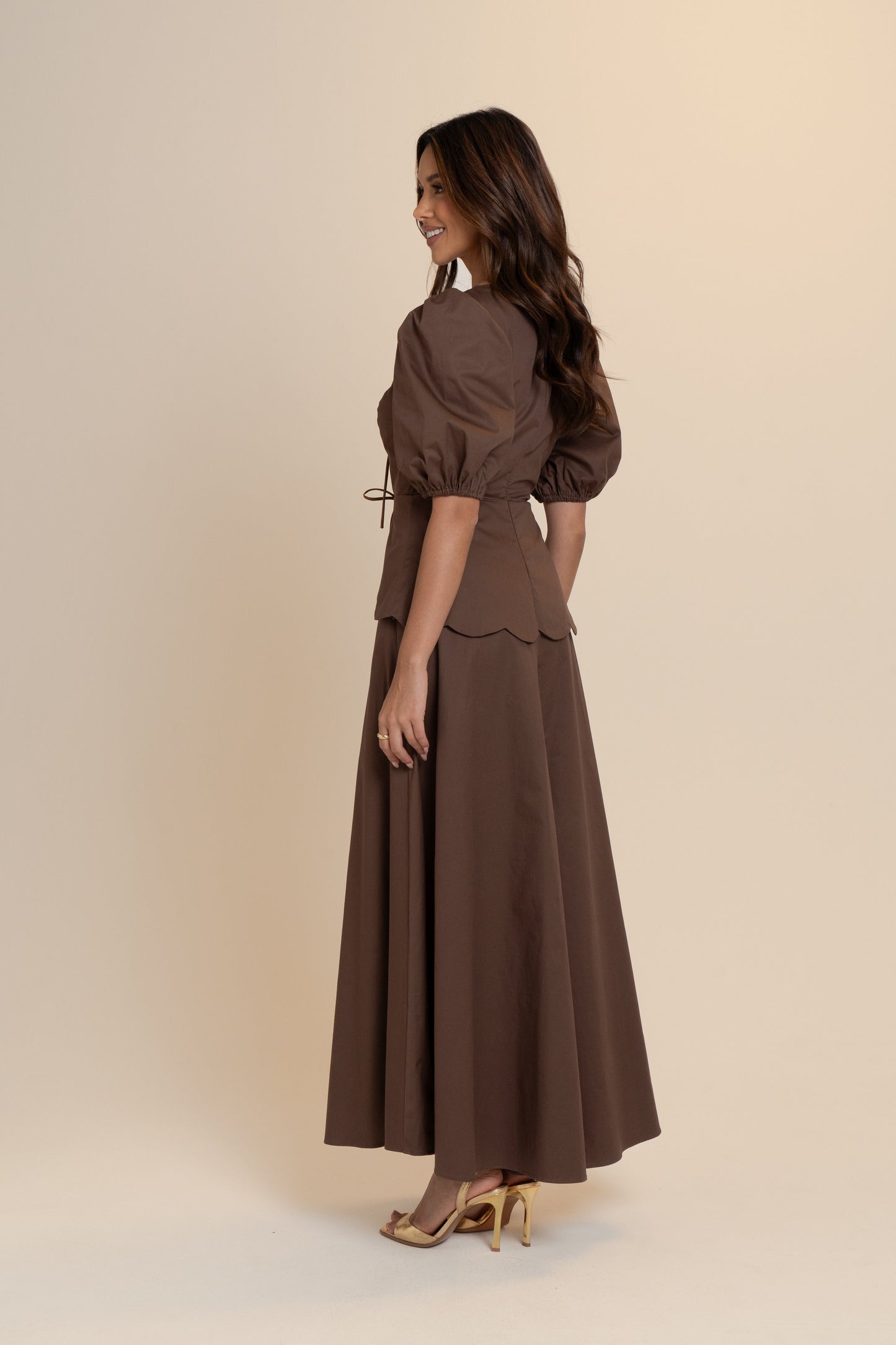 Andrea Scalloped Chocolate Maxi Dress