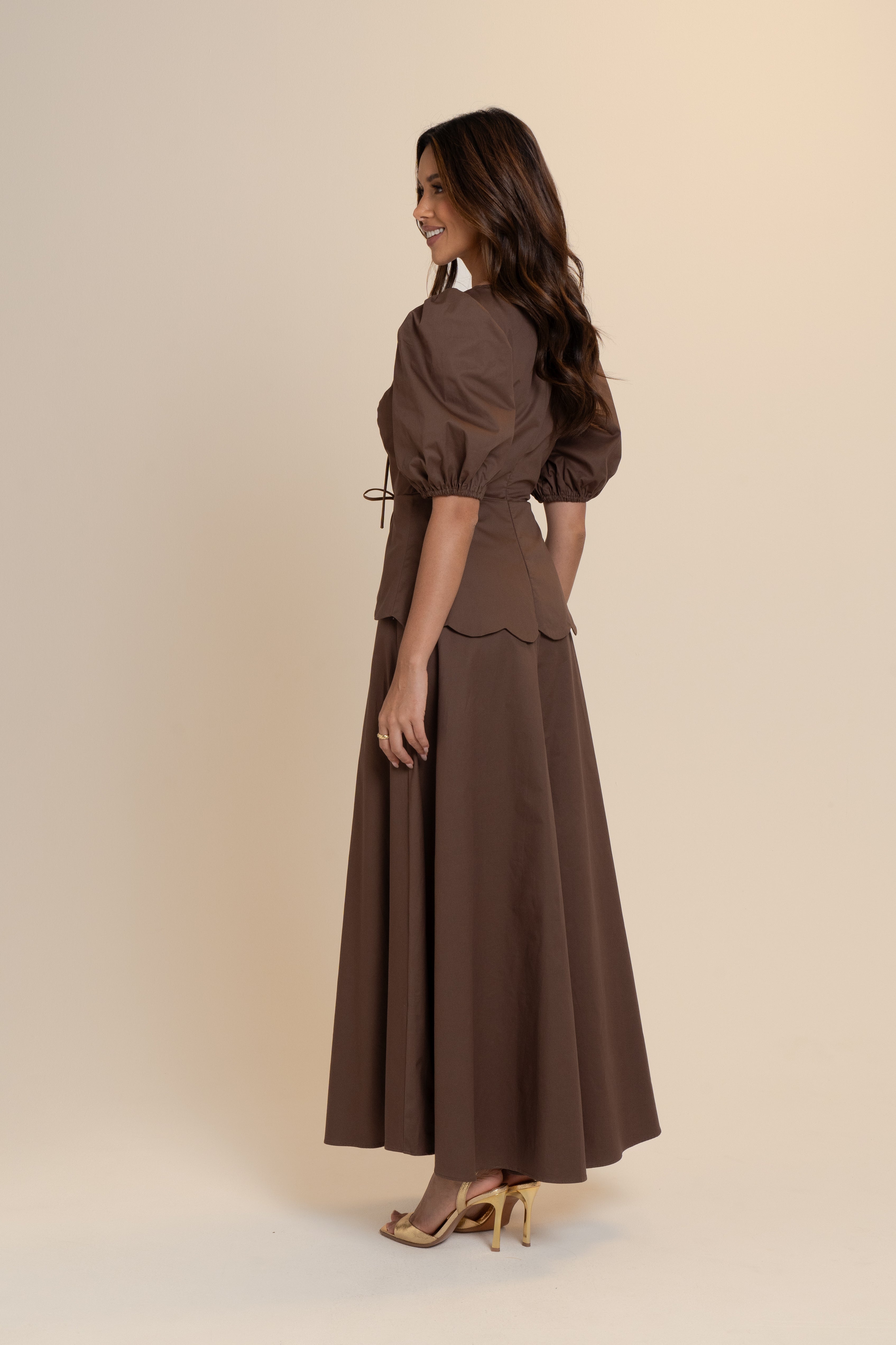 Andrea Scalloped Chocolate Maxi Dress