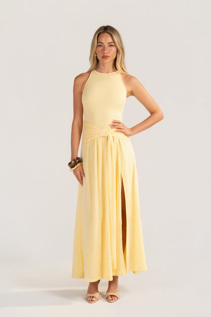 Davina Knit Yellow High-Neck Halter Dress