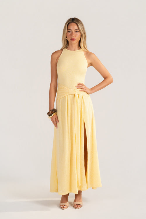 Davina Knit Yellow High-Neck Halter Dress