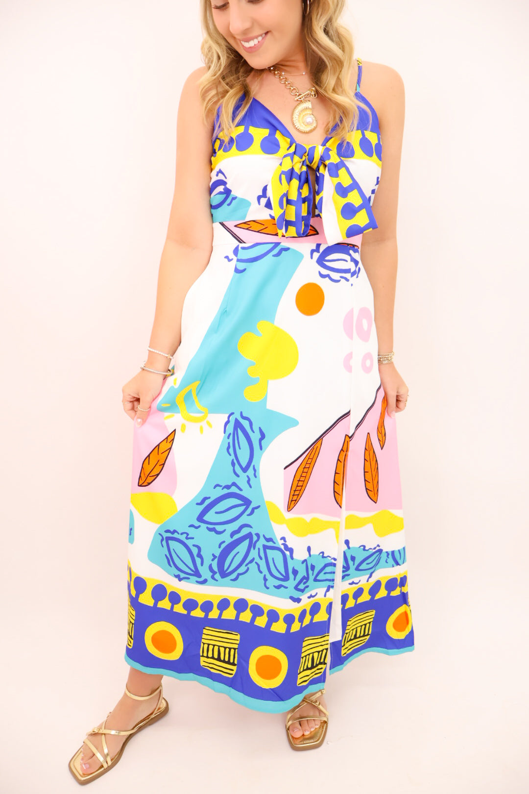 Bold Tropical Tie Front Midi Dress