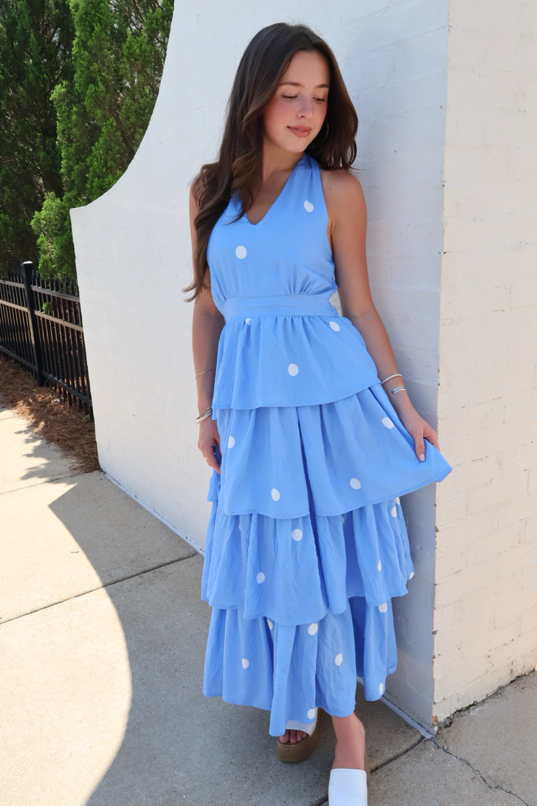 Blue Polka Dot Tiered Halter Midi Dress