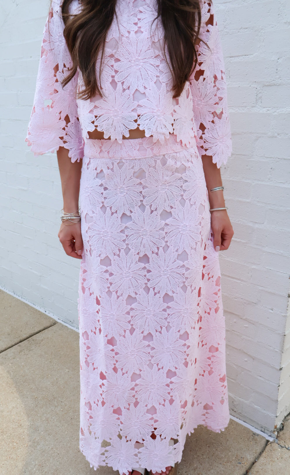 Blush Pink Floral Crochet Lace Crop Top and Maxi Skirt Set