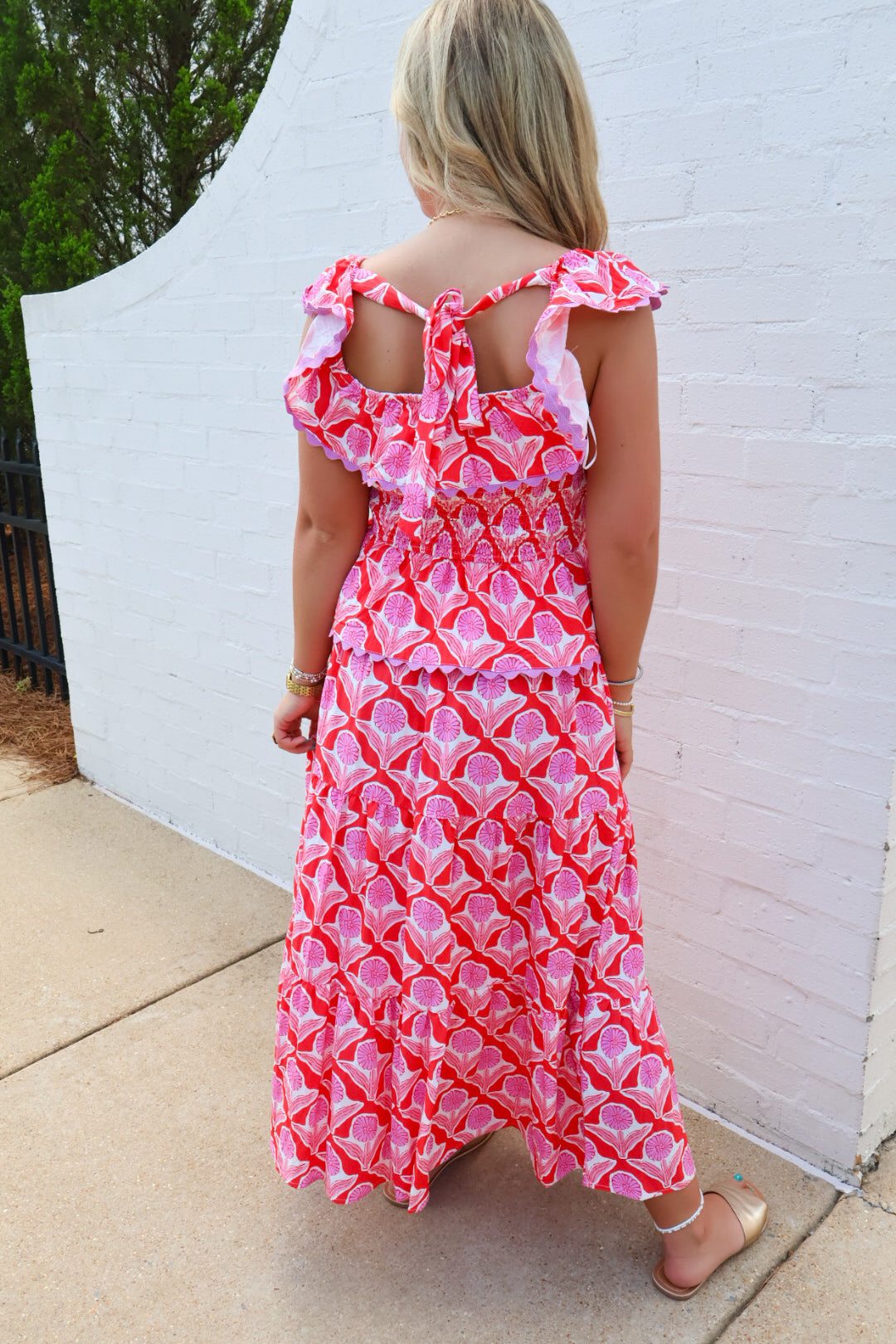 Red and Pink Floral Print Smocked Skirt Set