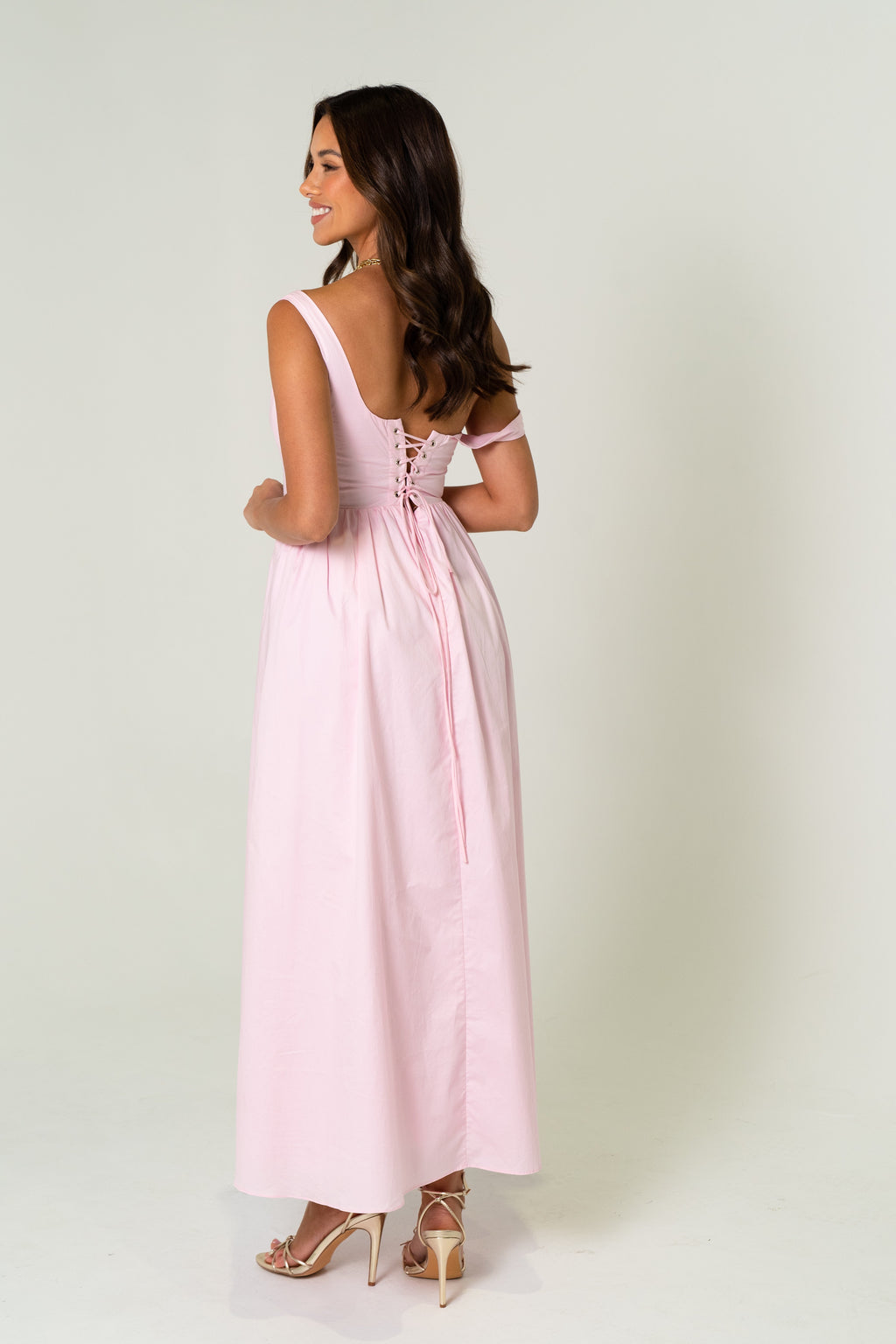 Joanne Pink Drop Shoulder Corset Tie Midi Dress