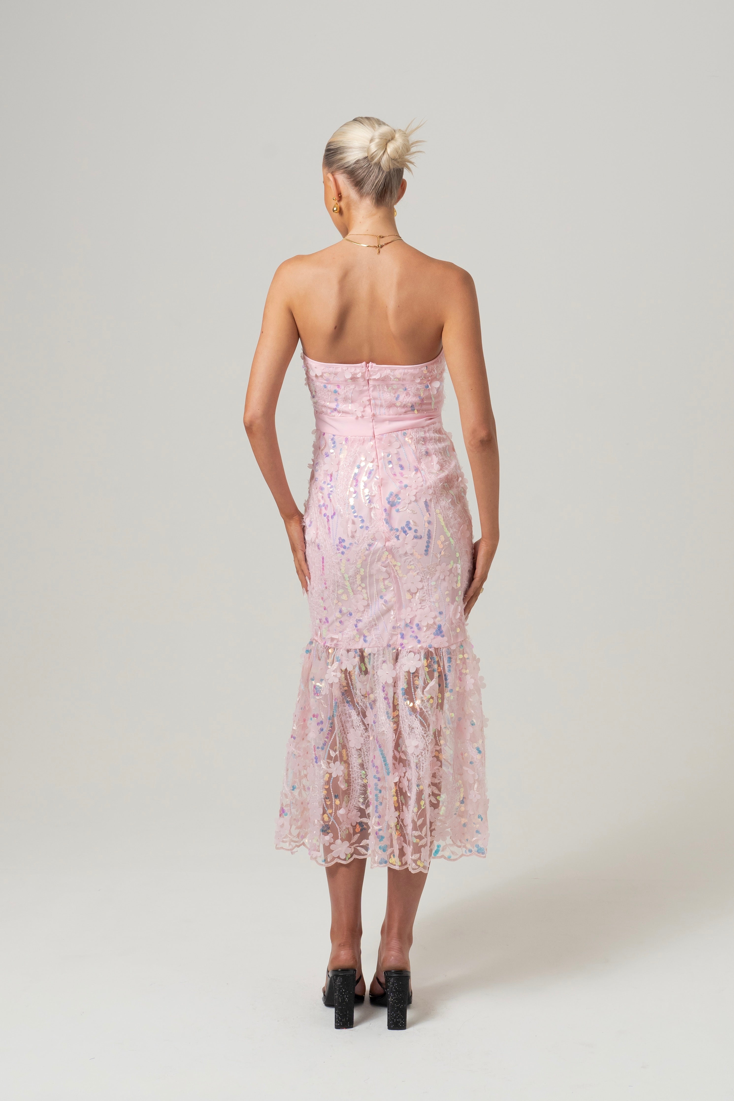 Charlotte Strapless Pink Sequin Midi Dress