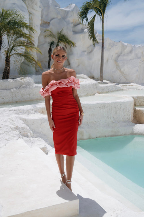 Veronica Strapless Midi Dress with Ruffle Details