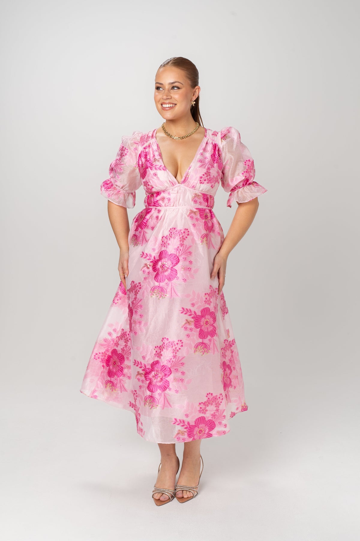 Eleanna Pink Floral Puff Sleeve Maxi