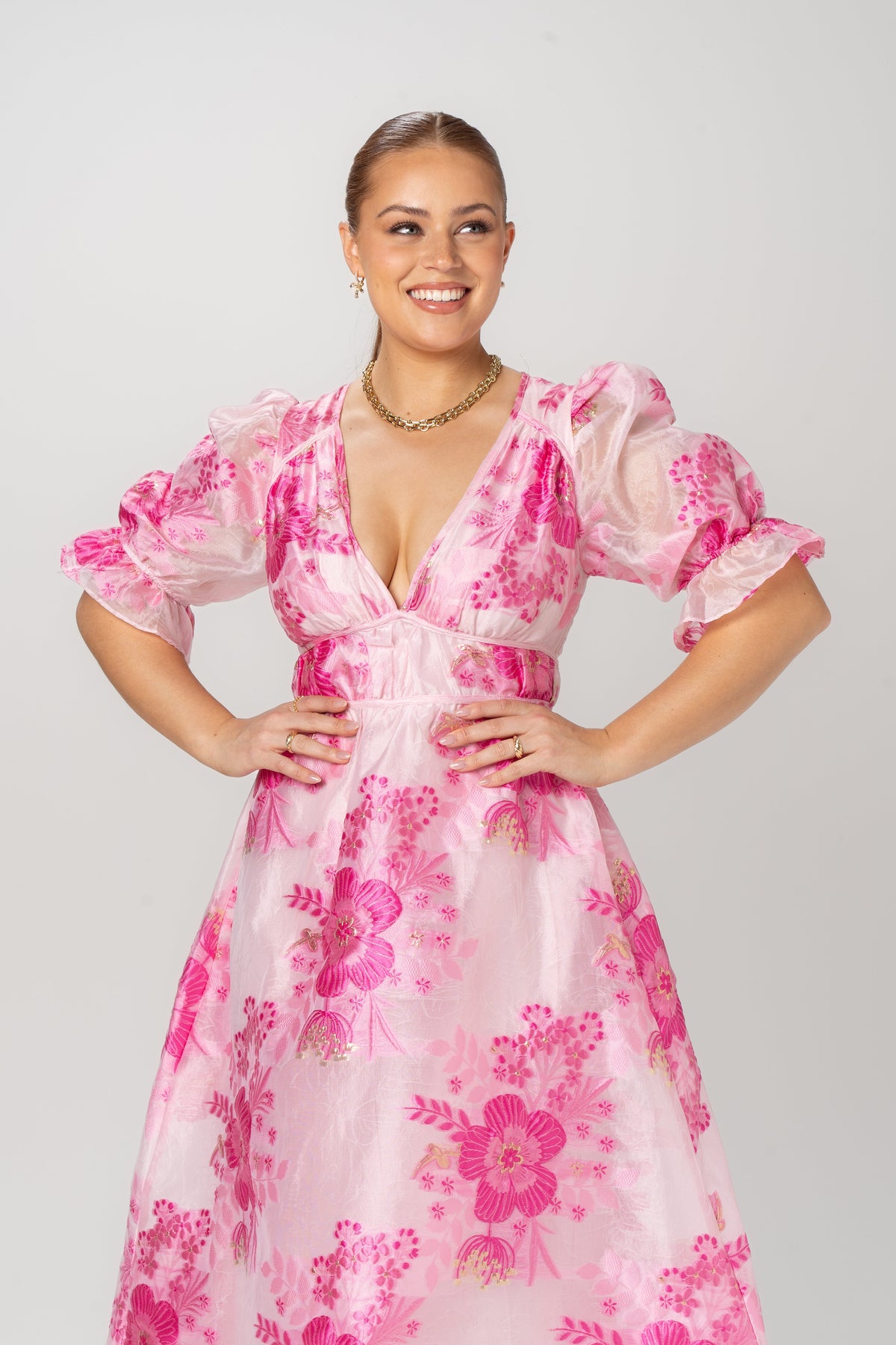 Eleanna Pink Floral Puff Sleeve Maxi