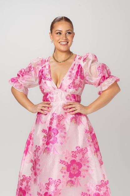 Eleanna Pink Floral Puff Sleeve Maxi