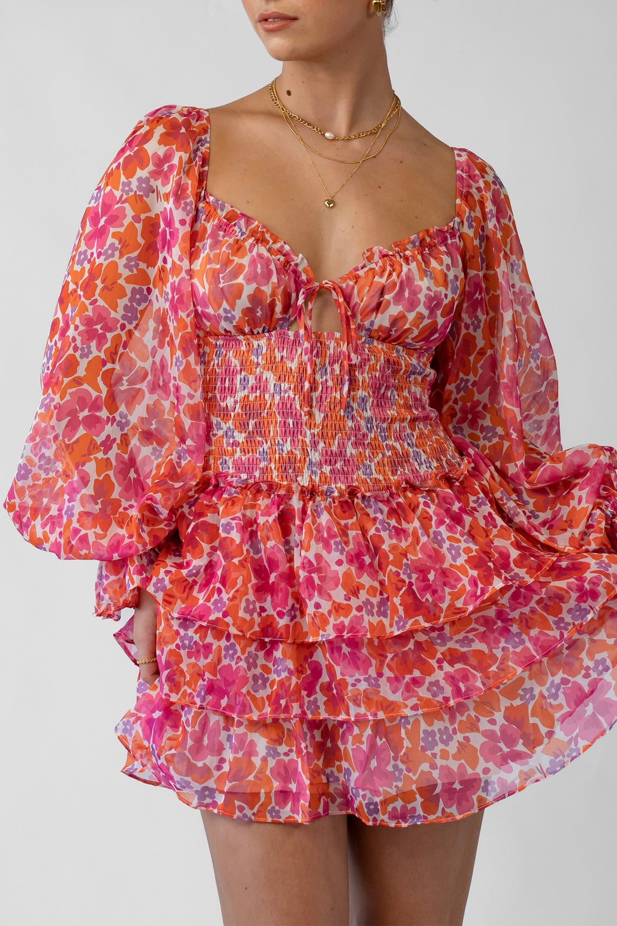Ellie Long Sleeve Pink Mini with Waist Shirring