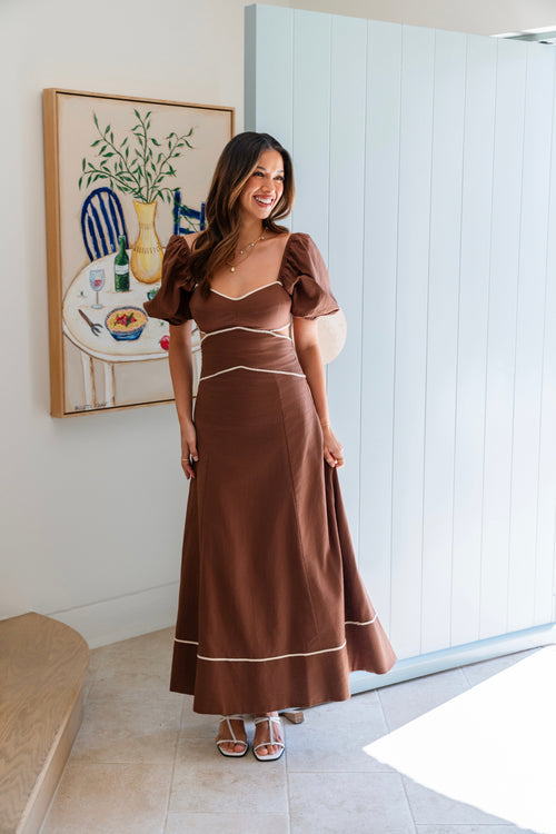 Emmy Contrast Trim Chocolate Midi with Puff Sleeves