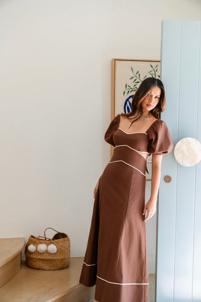 Emmy Contrast Trim Chocolate Midi with Puff Sleeves