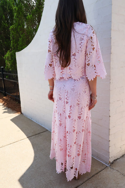 Blush Pink Floral Crochet Lace Crop Top and Maxi Skirt Set