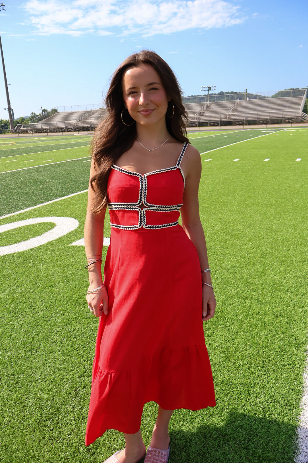 Red Midi Dress with Black Trim