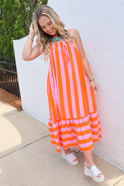 Sunset Stroll Stripe Maxi Dress - Orange + Pink