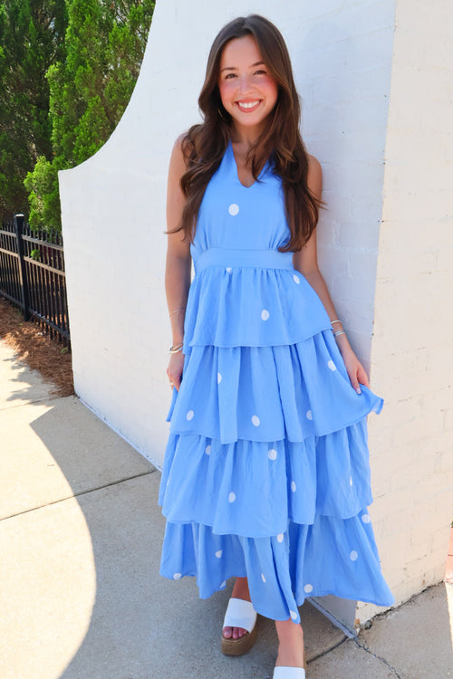 Blue Polka Dot Tiered Halter Midi Dress
