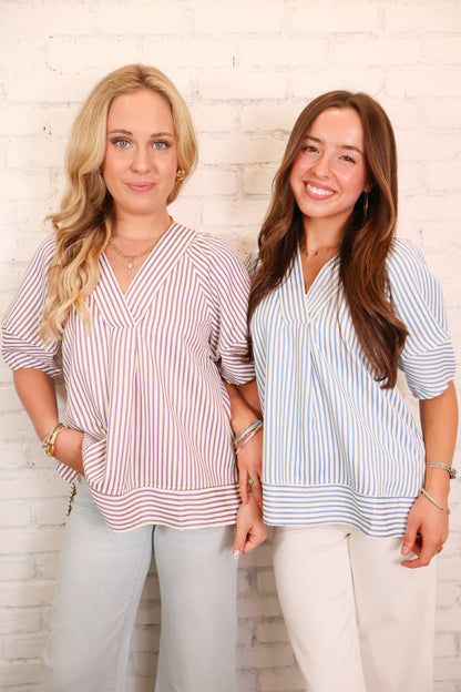 Relaxed Striped V-Neck Top - Blue