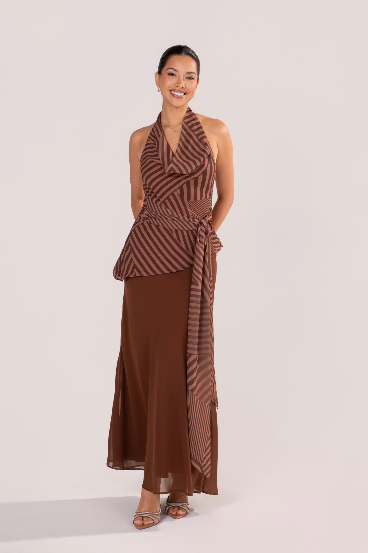 Grazia Stripe Halter Top & Chocolate Skirt Set