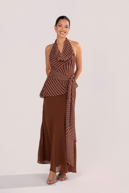 Grazia Stripe Halter Top & Chocolate Skirt Set