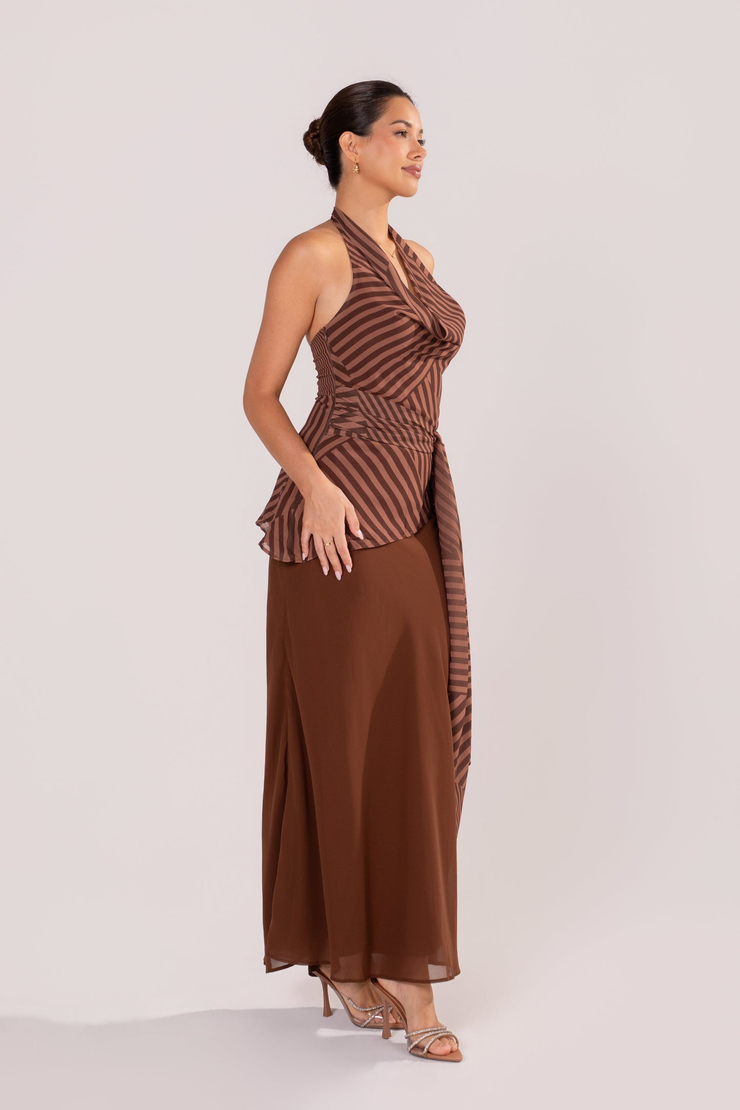 Grazia Stripe Halter Top & Chocolate Skirt Set