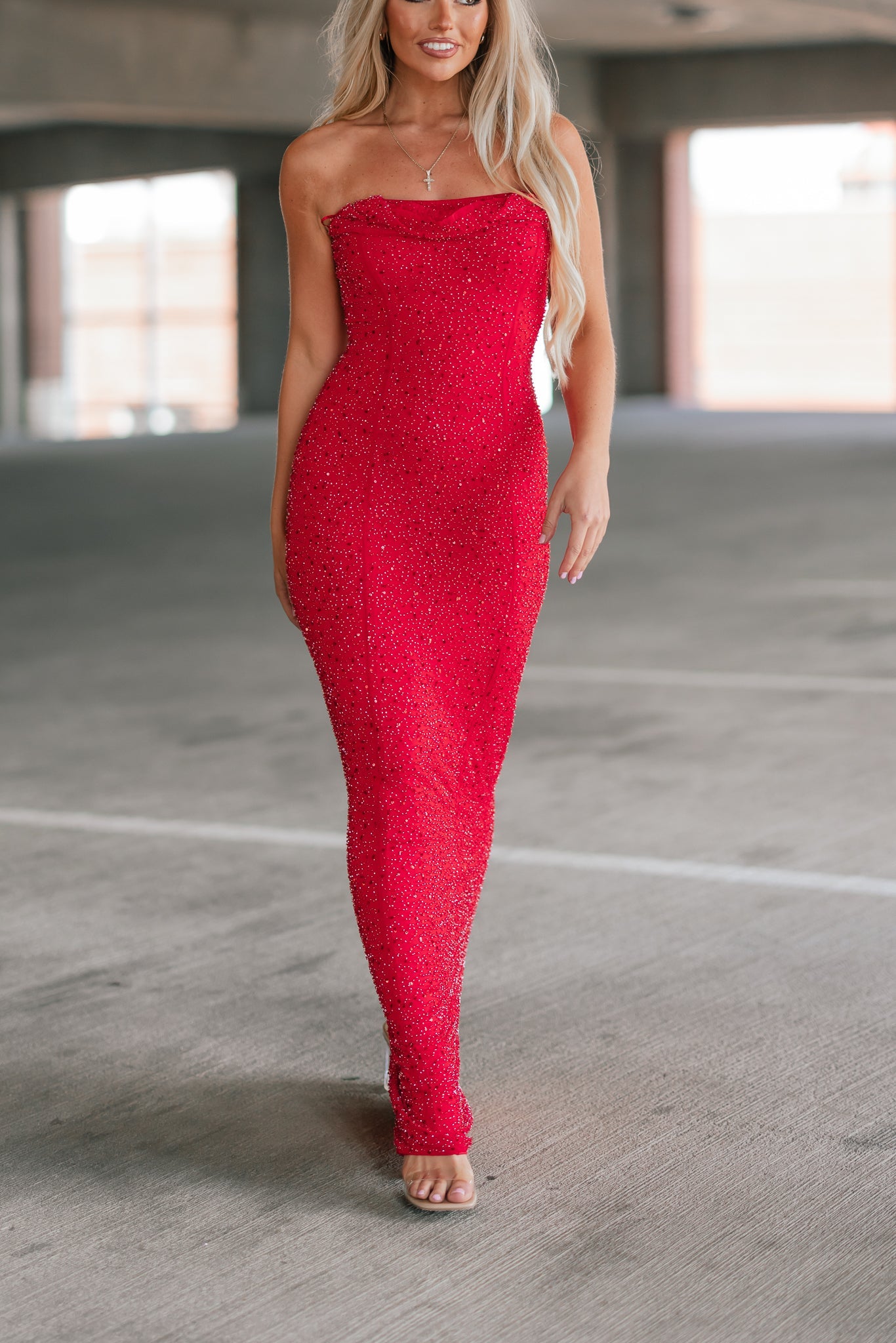 Giselle Mesh Pearl Cowl Neck Maxi Dress
