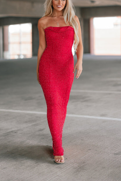 Giselle Mesh Pearl Cowl Neck Maxi Dress