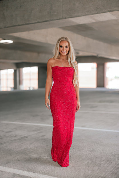 Giselle Mesh Pearl Cowl Neck Maxi Dress