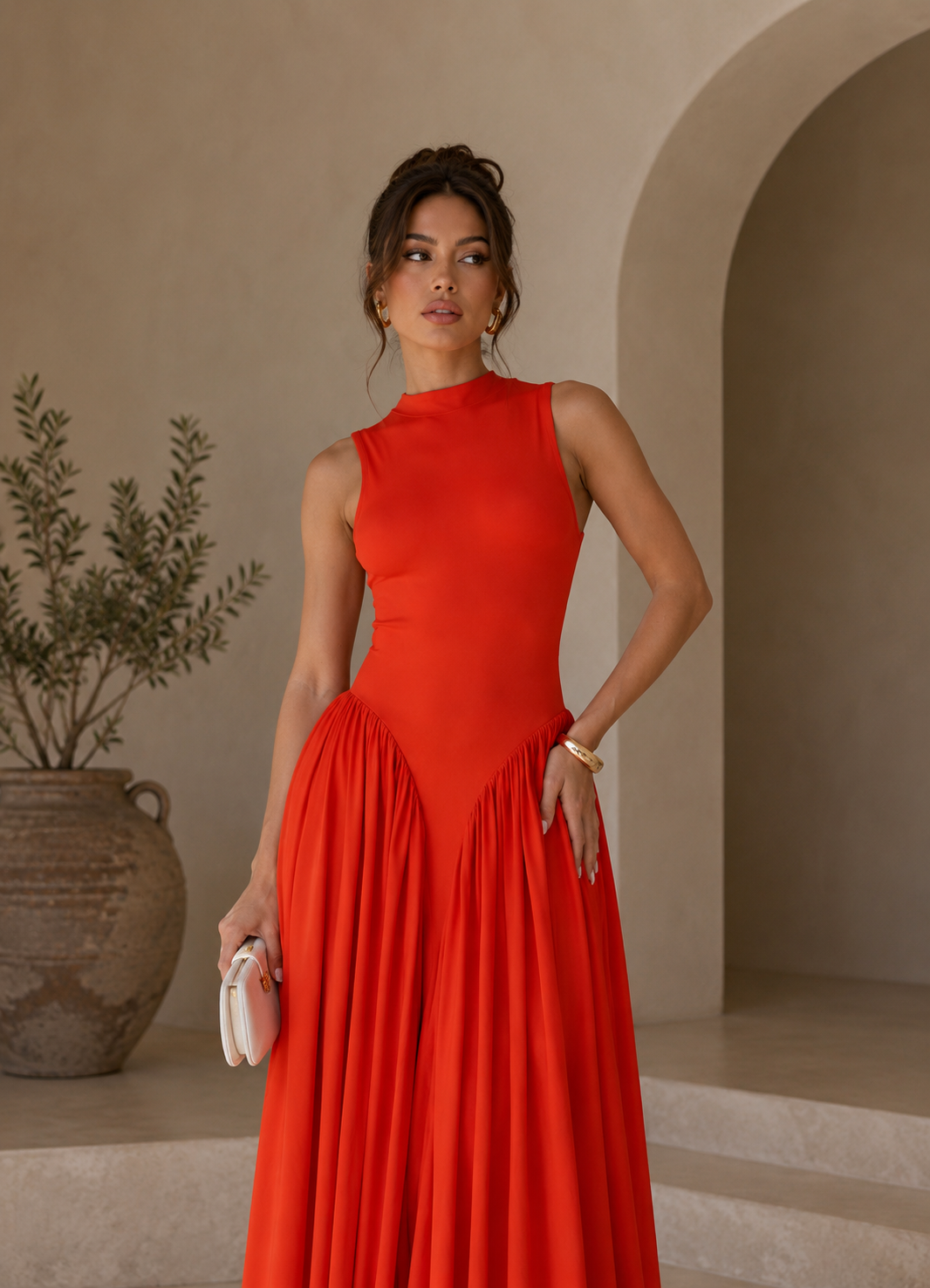 Sculpted Flow Maxi Dress - Tomato Cherry