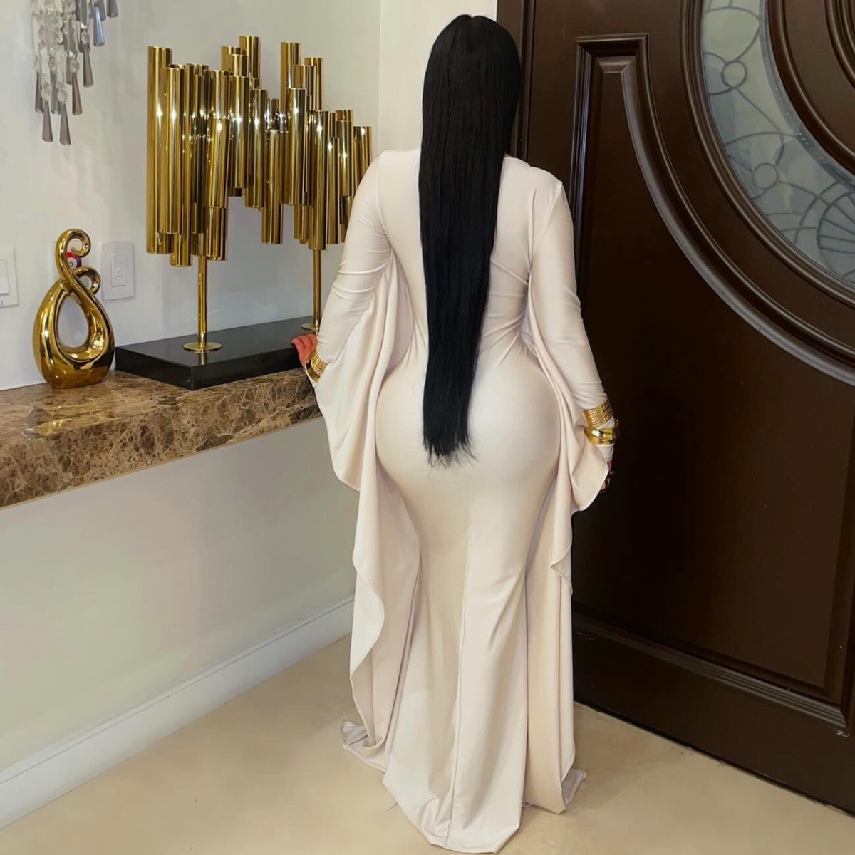 Sculpted Elegance Cape Sleeve Maxi Dress - Cream