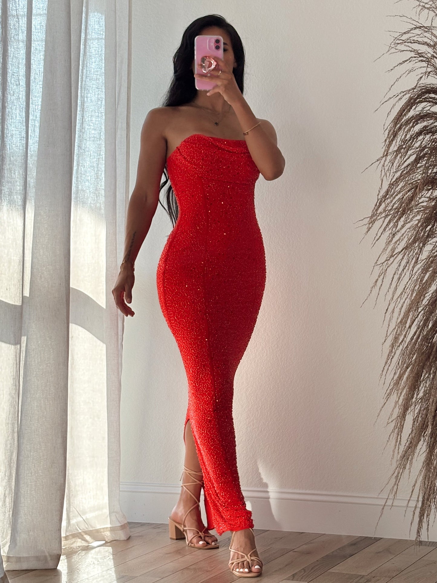 Giselle Mesh Pearl Cowl Neck Maxi Dress
