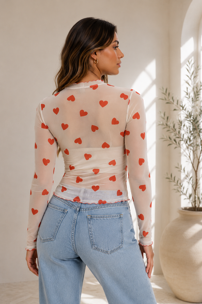 Sweetheart Mesh Long Sleeve Top- Ivory