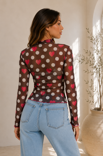 Playful Hearts & Polka Dot Mesh Top- Brown