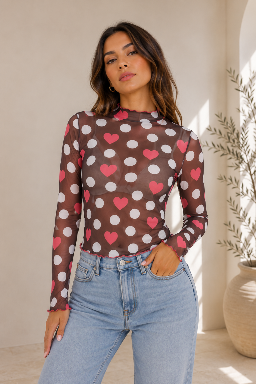 Playful Hearts & Polka Dot Mesh Top- Brown