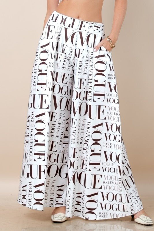 Vogue Print White Palazzo Pants (With Brown Letters)