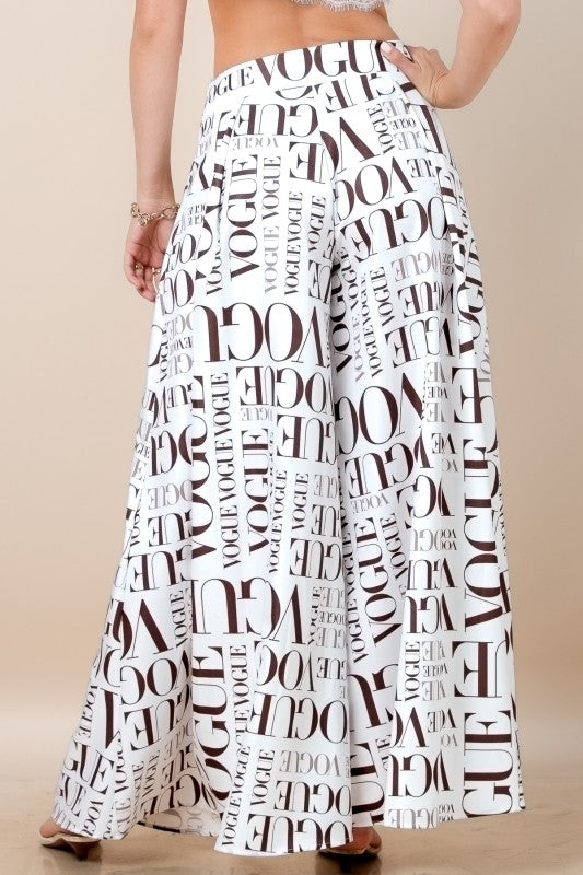Vogue Print White Palazzo Pants (With Brown Letters)