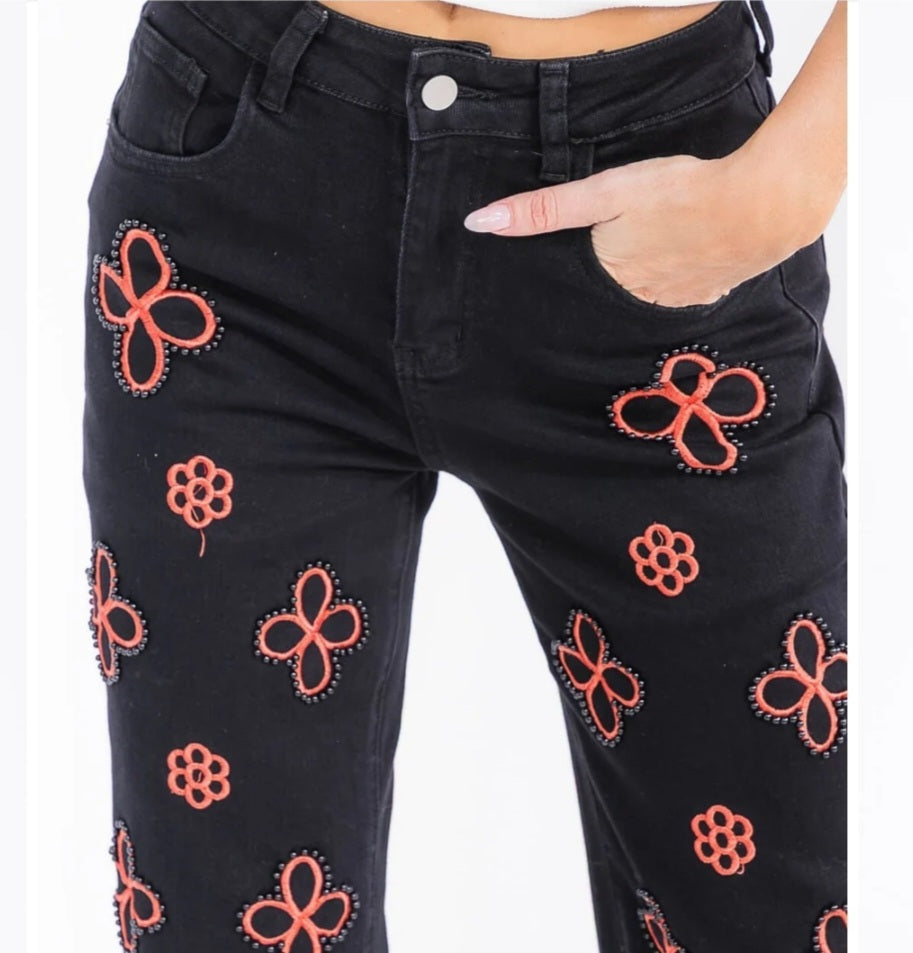 Pearl Bloom Cutout Jeans - Black