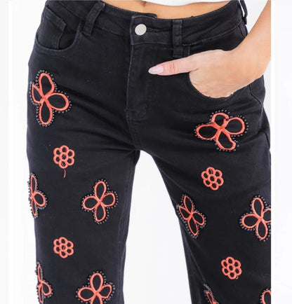 Pearl Bloom Cutout Jeans - Black