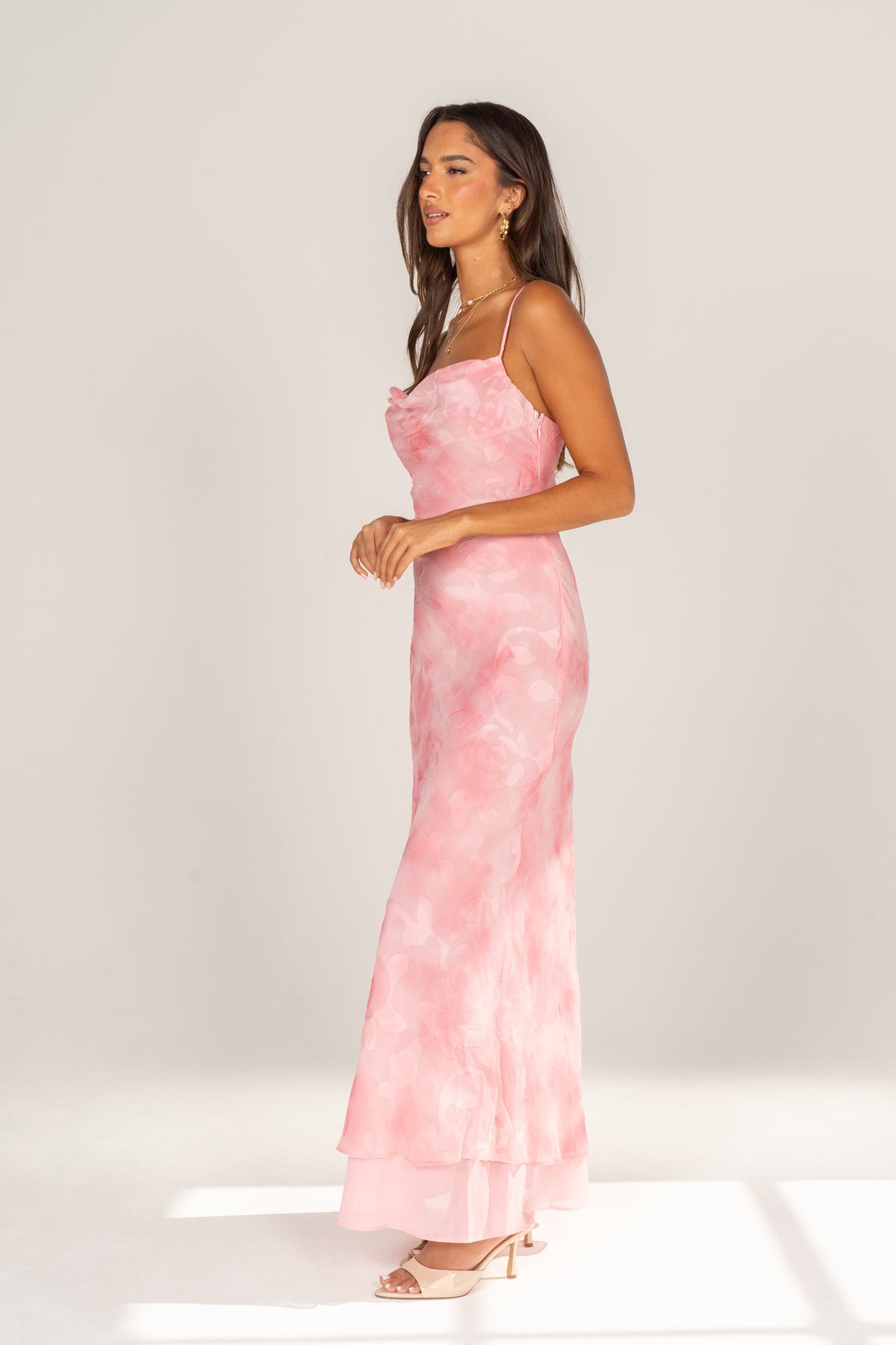 Kyla Pink Cowl Neck Slip Dress with Layered Hem