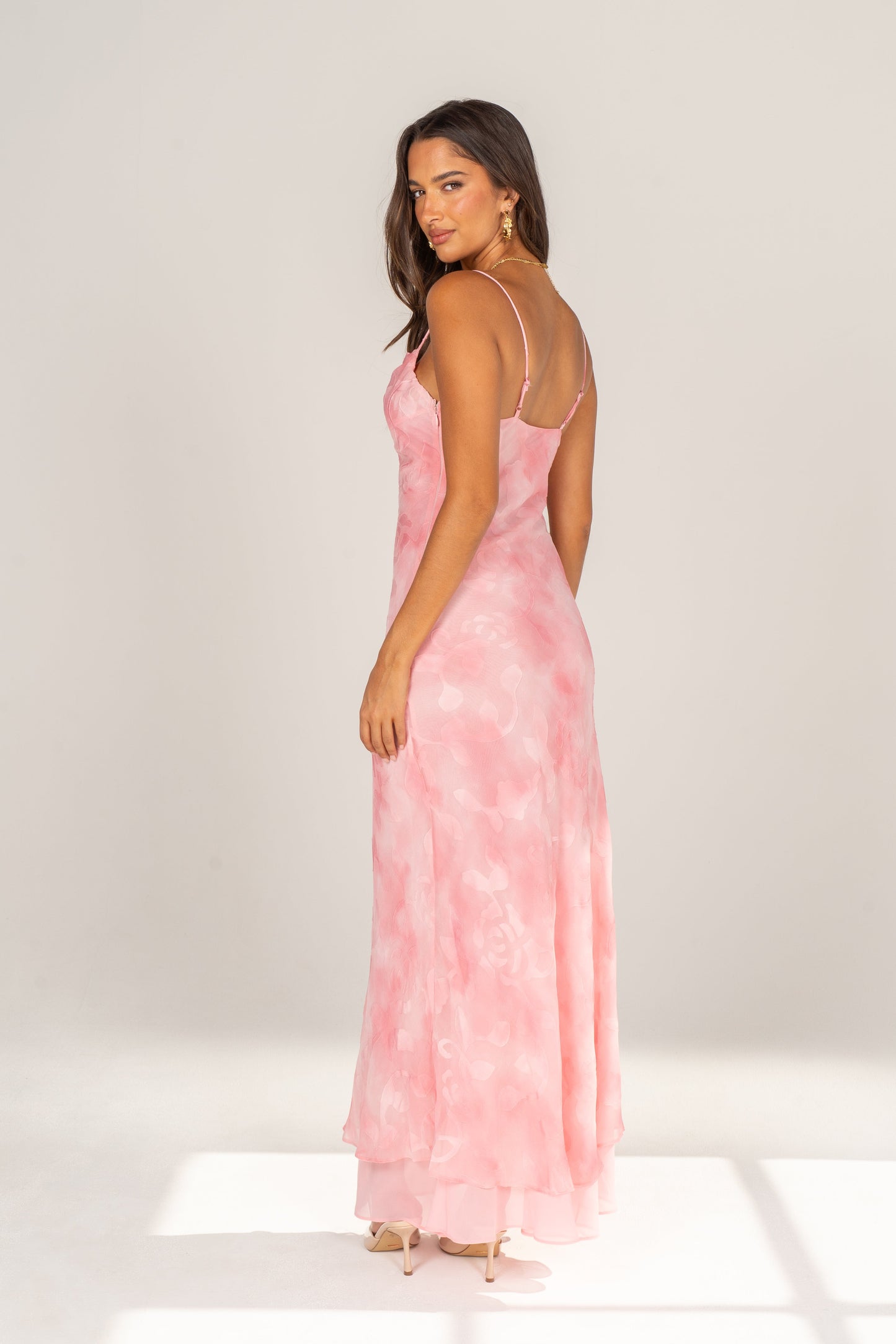 Kyla Pink Cowl Neck Slip Dress with Layered Hem