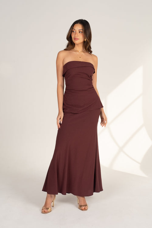 Lorraine Wine Two Piece Set - Strapless Top & Maxi Skirt
