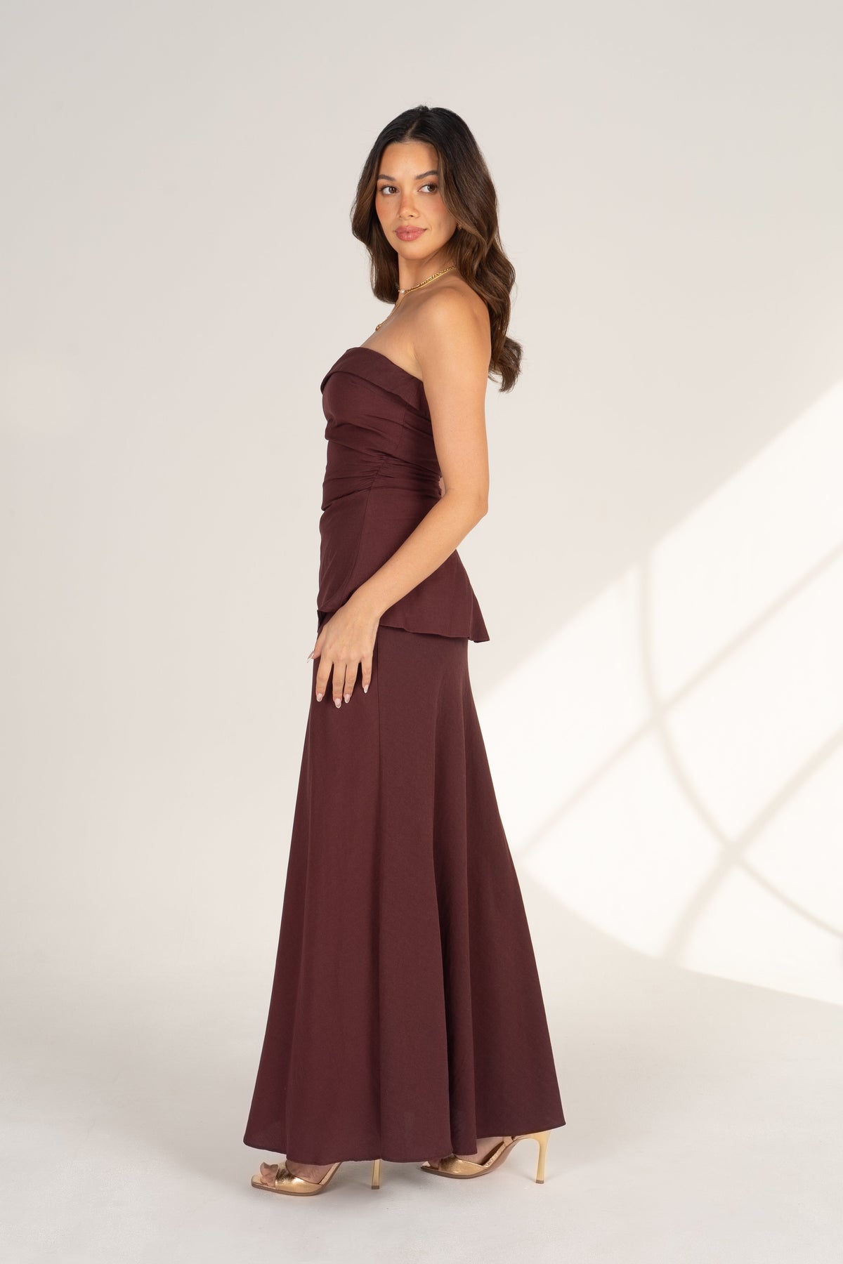 Lorraine Wine Two Piece Set - Strapless Top & Maxi Skirt