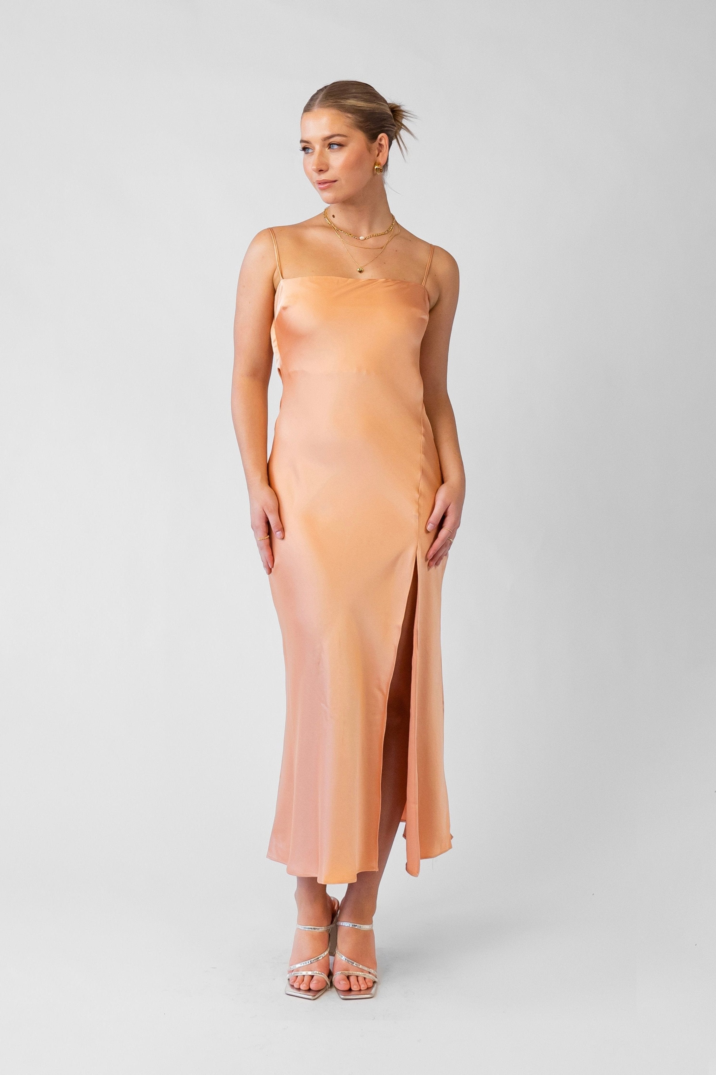 Maddy Peach Satin Maxi Slip Dress