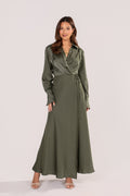 Mina Olive Long Sleeve Satin Maxi Dress