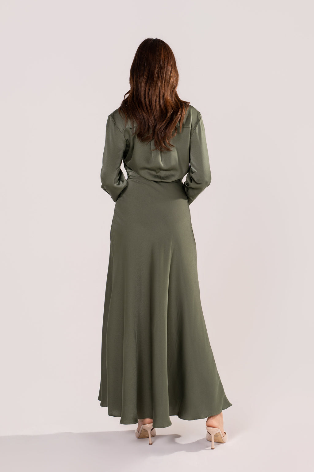 Mina Olive Long Sleeve Satin Maxi Dress
