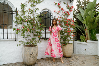 Abby Puffed Sleeve Pink Floral Maxi Dress