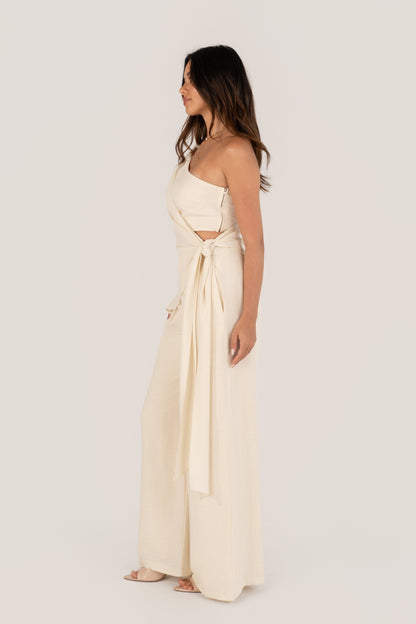 Nathalya Cream Asymmetrical Drape Top & Wide Leg Pant Set