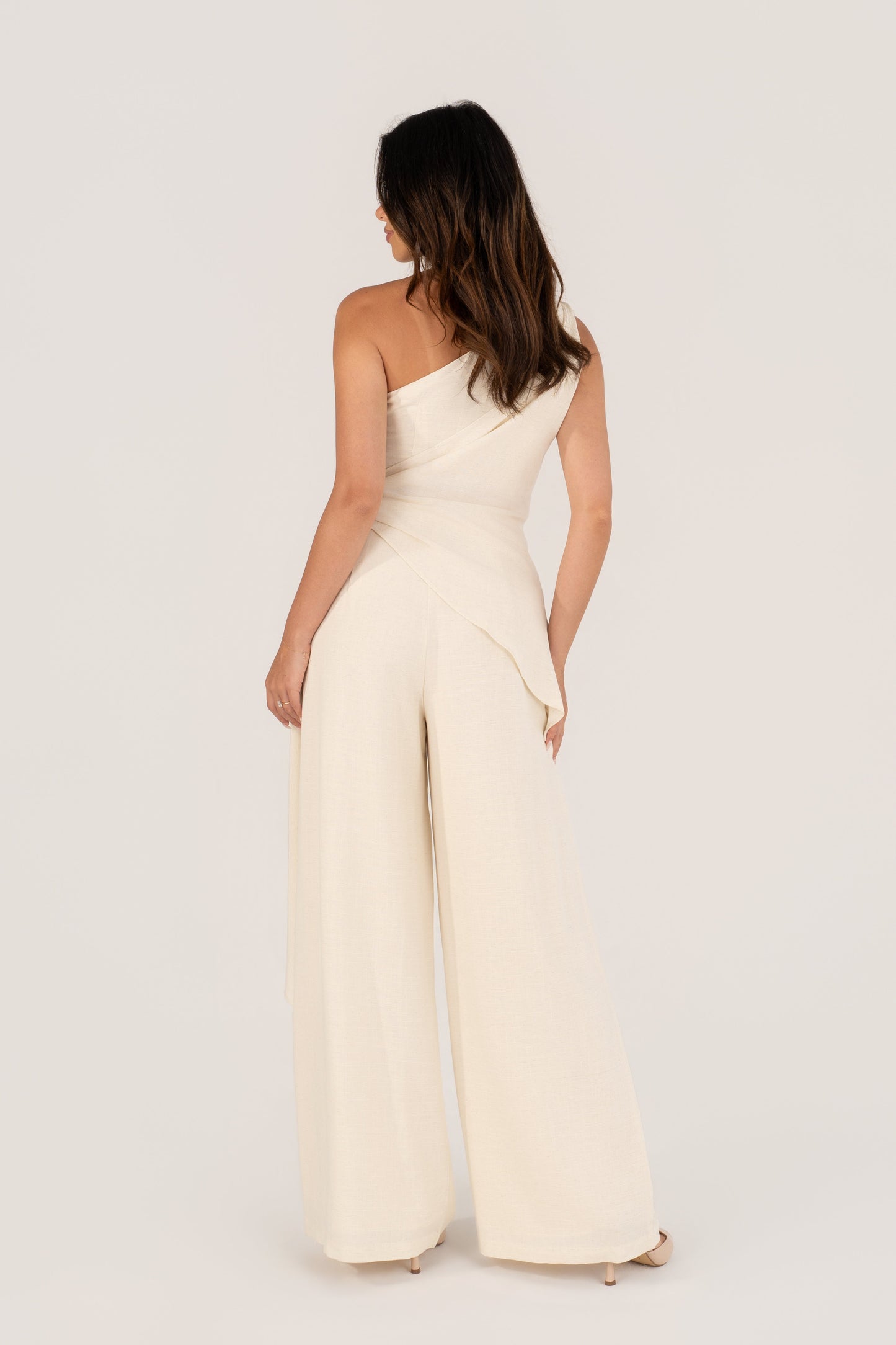 Nathalya Cream Asymmetrical Drape Top & Wide Leg Pant Set