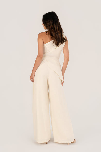 Nathalya Cream Asymmetrical Drape Top & Wide Leg Pant Set